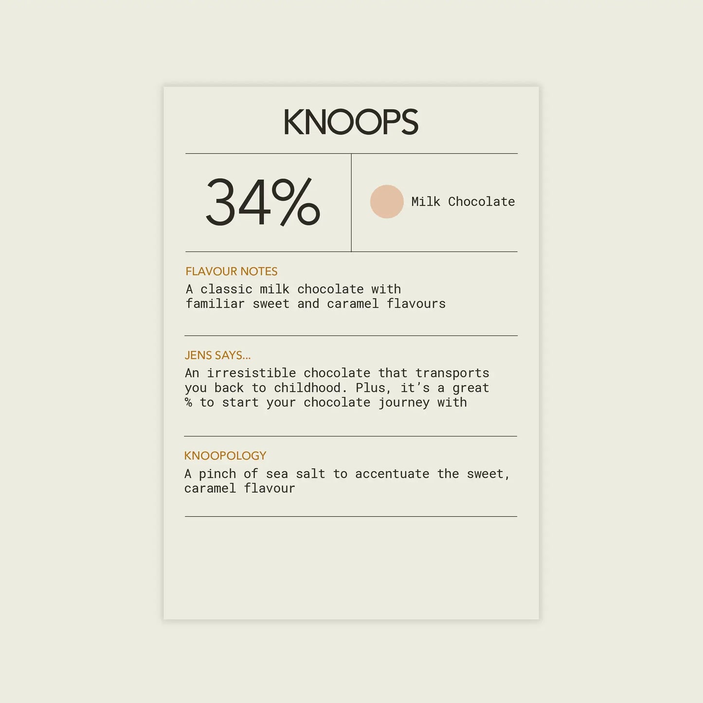 Knoops chocolate bar packaging with 34% milk chocolate information on a beige background