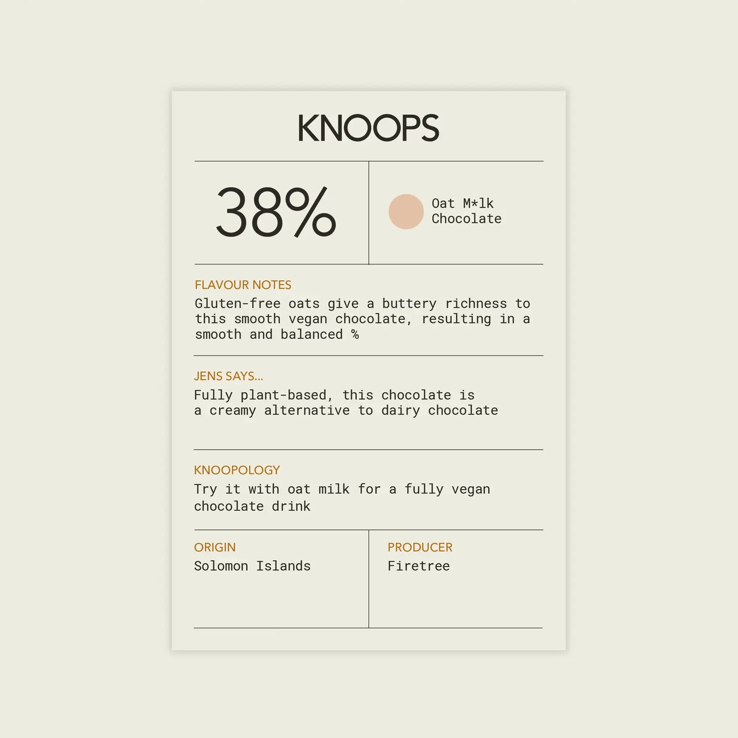 Knoops chocolate packaging with nutritional information and flavor notes on a light background