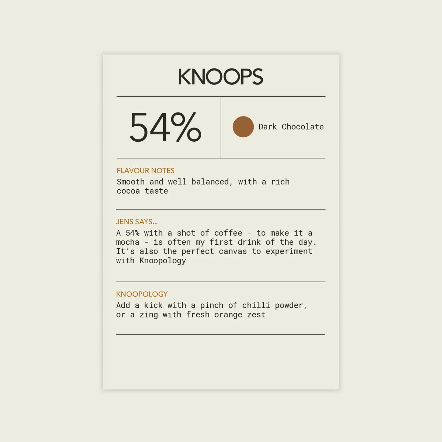 Knoops chocolate bar description card with 54% dark chocolate含量