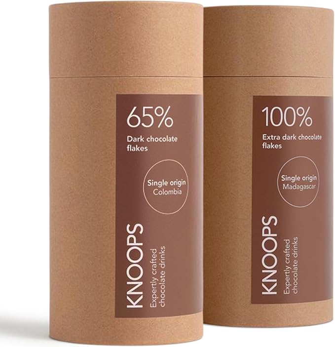 Two brown cardboard tubes with KNOOPS branding and chocolateflake information on a white background