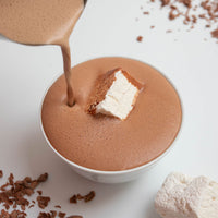 A white porcelain bowl filled with hot chocolate and a large marshmallow, with chocolate shavings around it.